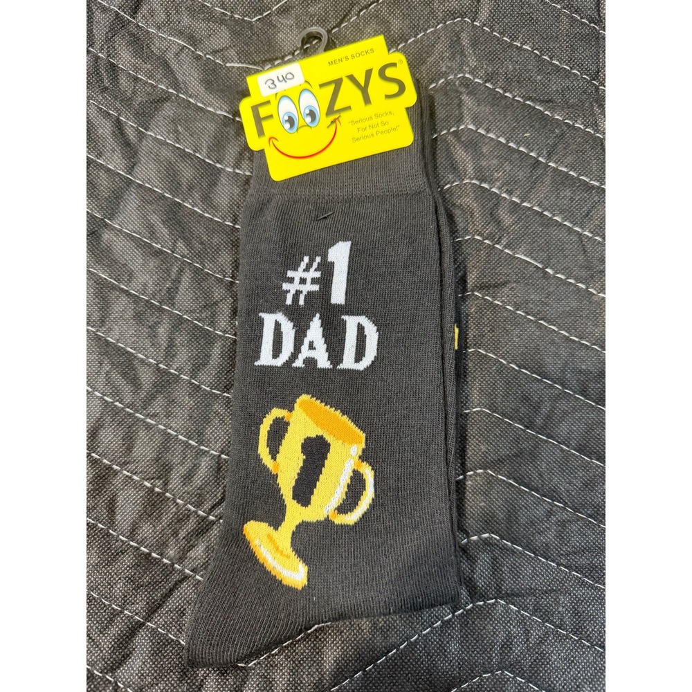 Foozys #1 Dad Trophy Socks Mens Size 10-13 Black NWT Novelty Crew FM-96